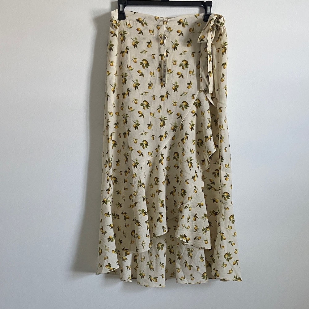 Max Studio Natlemha Faux Wrap High-Low Ruffle Midi Skirt (XL) Lemon Print NWT
